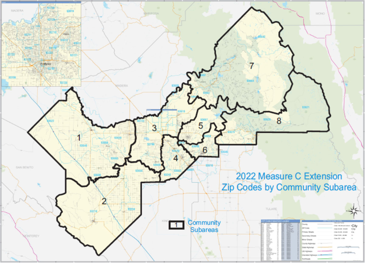 The map titled "2022 Measure C Extension: Zip Codes by Community Subarea" displays a region divided into eight numbered subareas, each outlined in bold black lines. Within each subarea, ZIP codes are labeled in blue, and geographic details, such as city locations, streets, and boundaries, are depicted. A zoomed inset map highlights the Fresno area.